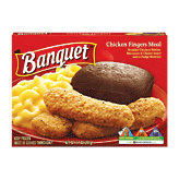 Banquet&nbsp;&nbsp;chicken fingers meal with french fried potatoes and a fudge brownie Full-Size Picture
